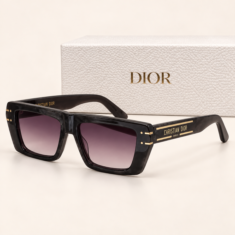 CD — Black Purple Gradient Square Sunglasses – Model 1 — front-left view with brand box