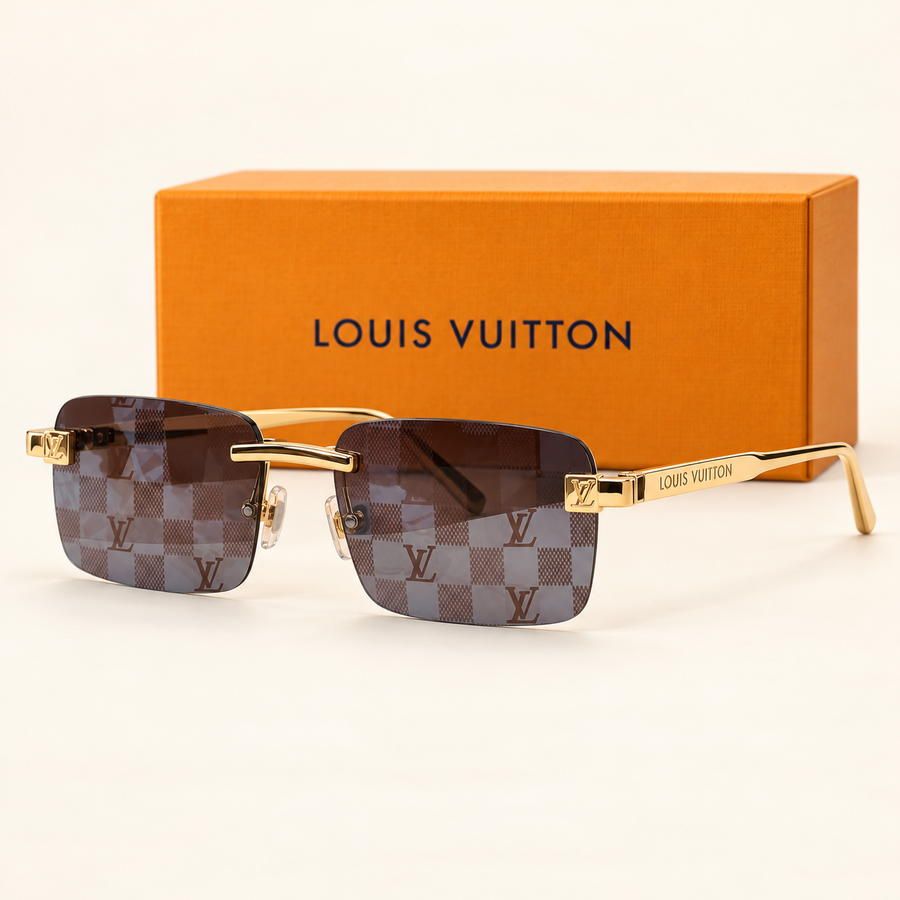 LV — Gold Monogram Rimless Sunglasses – Model 1 — front-left view with brand box