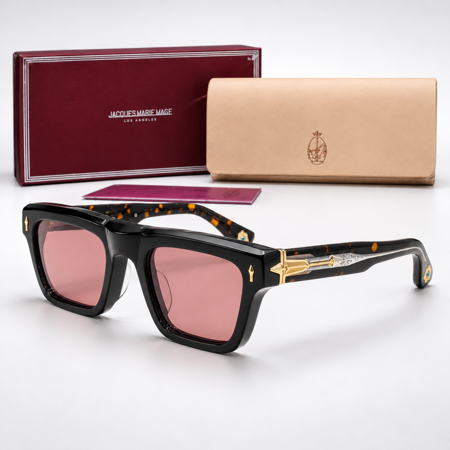JMM Black Pink Rectangular Sunglasses – front and left side with brand box