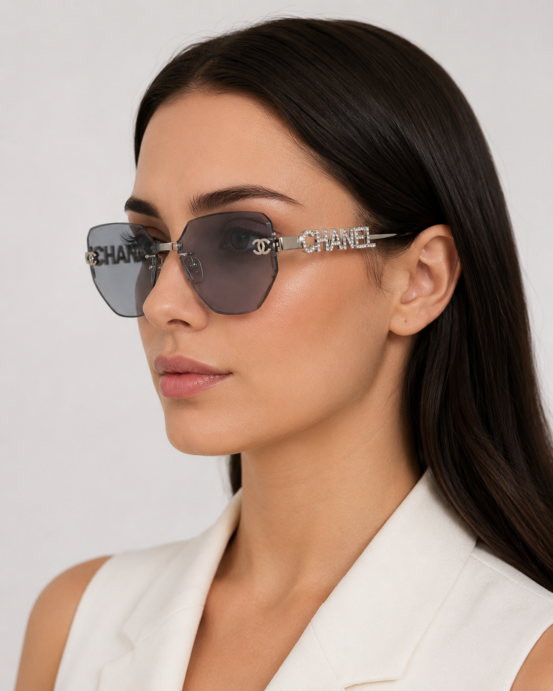 CC Silver Grey Rimless Geometric Sunglasses