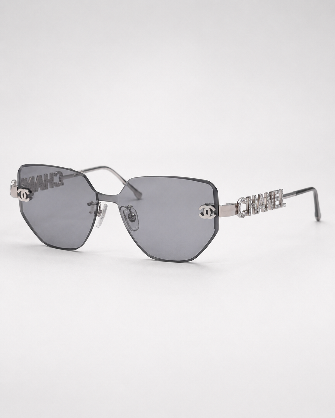 CC Silver Grey Rimless Geometric Sunglasses