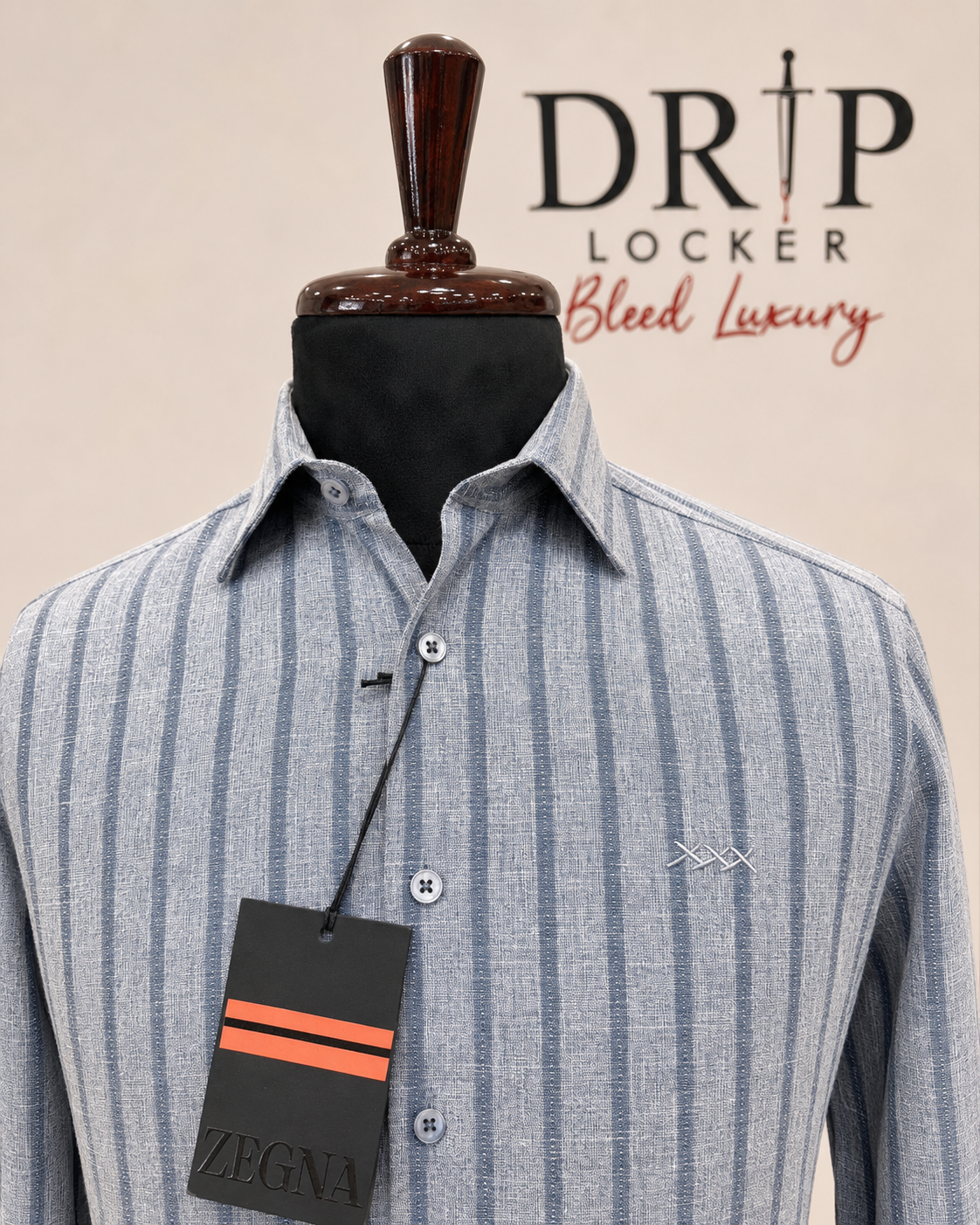 Men’s Blue Textured-Stripe Shirt - Blue Grey Linen Collar Detail