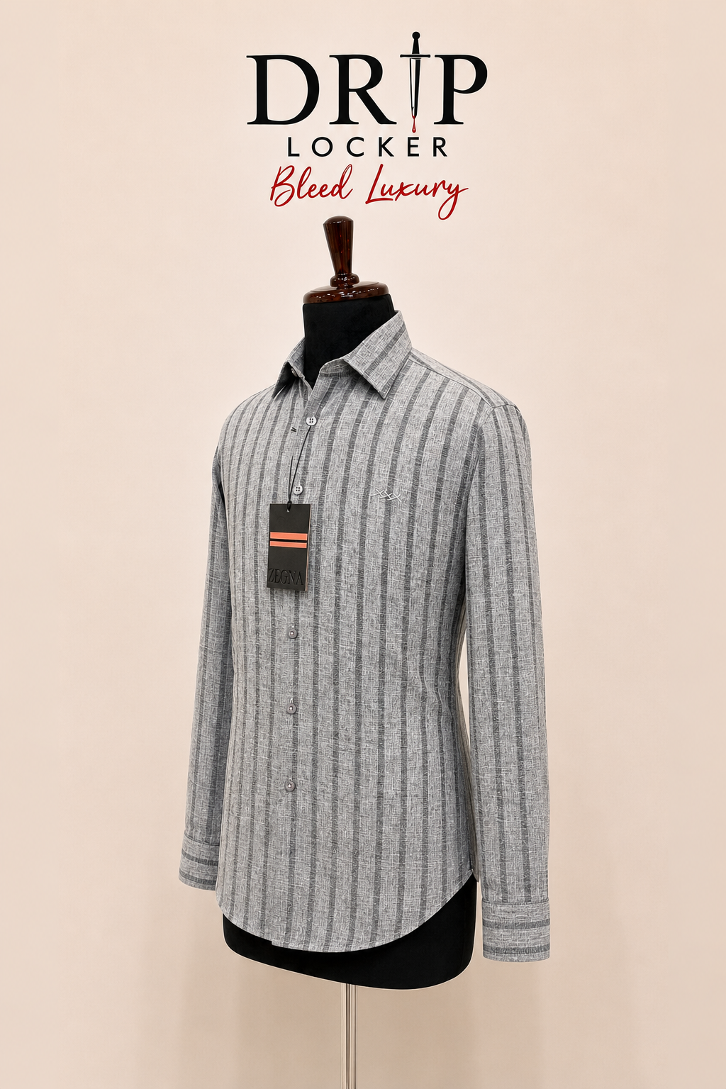 Men’s Grey Textured-Stripe Shirt - Charcoal slub shirt, three quarter view