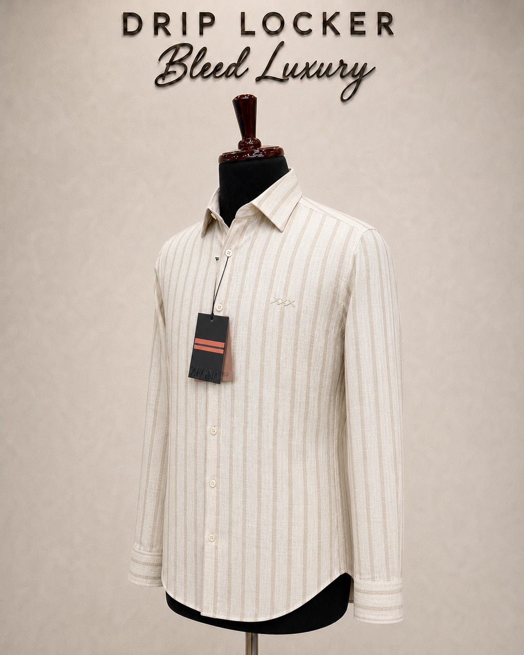 Men’s Ivory Textured-Stripe Shirt - Ecru striped linen shirt in three quarter view