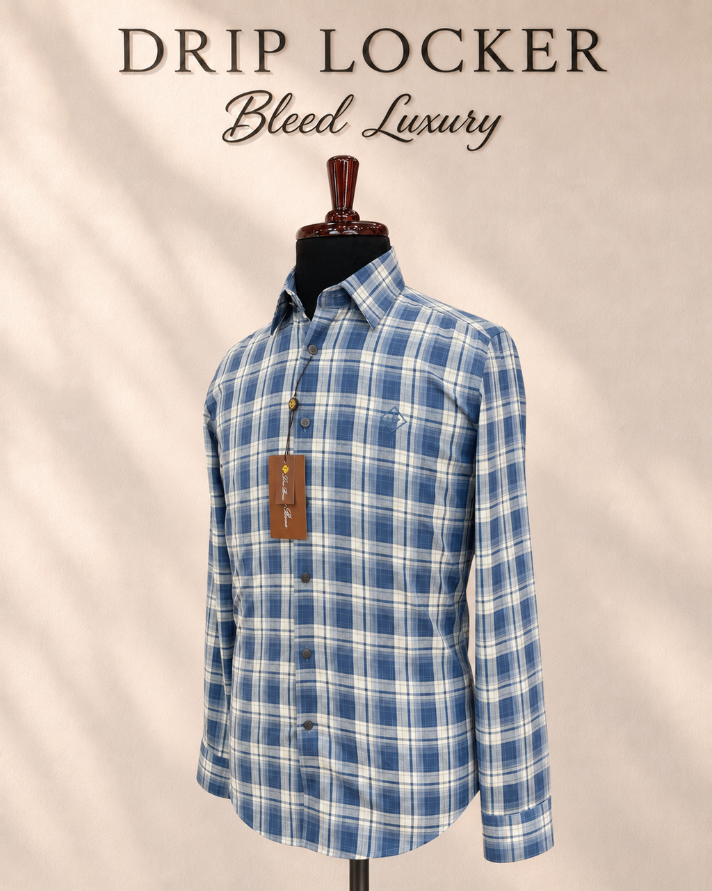 Men’s Blue & White Check Shirt - Embroidered blue plaid shirt, three quarter view