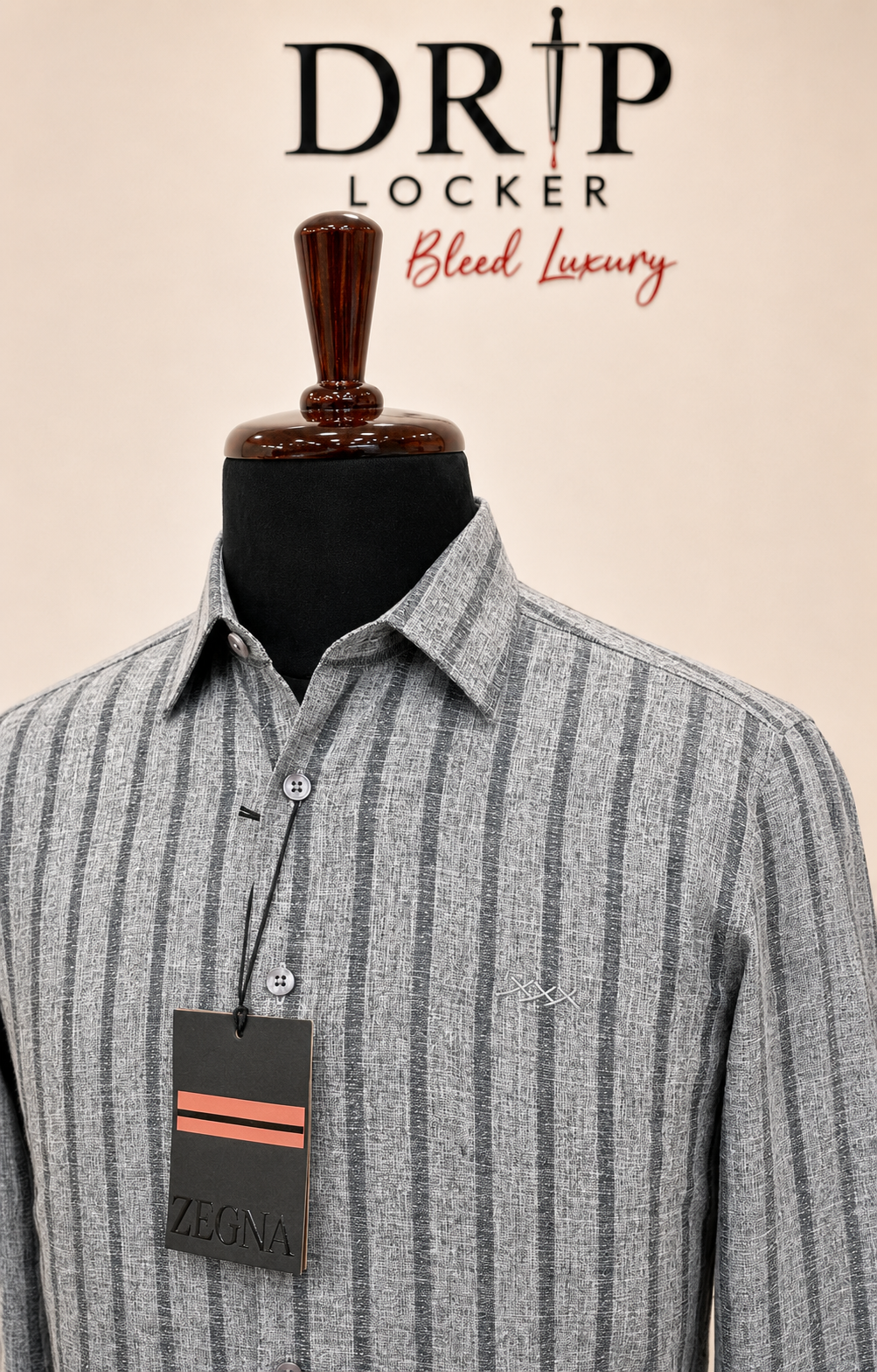 Men’s Grey Textured-Stripe Shirt - Grey slub weave shirt craftsmanship close up