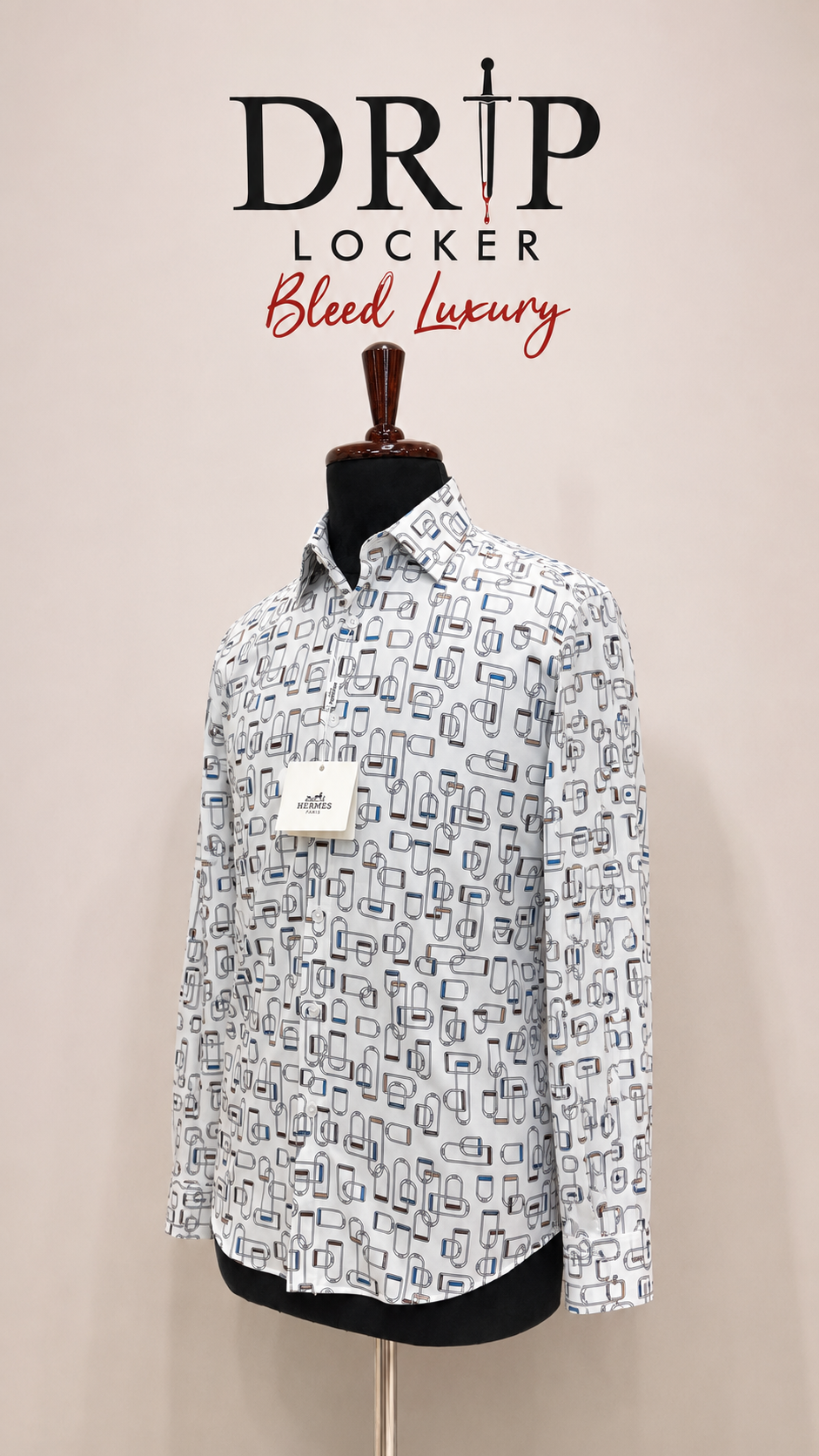 Men’s White Abstract-Print Shirt - Ivory geometric shirt on black mannequin