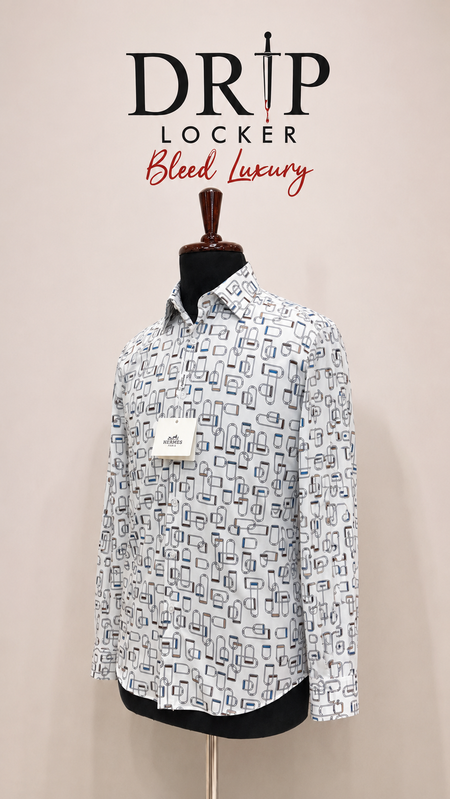 Men’s White Abstract-Print Shirt - Ivory geometric shirt on black mannequin