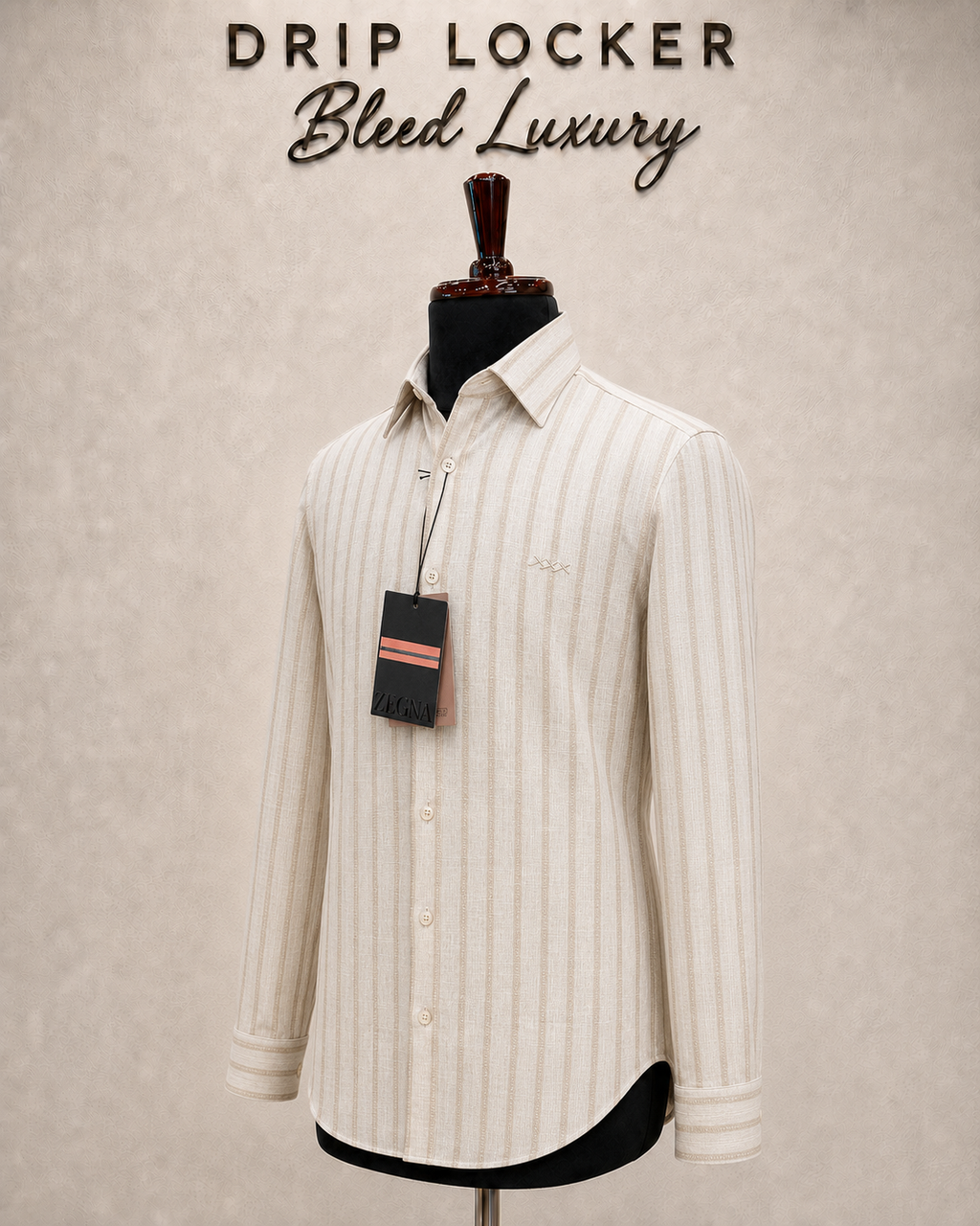Men’s Ivory Textured-Stripe Shirt - Luxury ecru striped linen shirt display