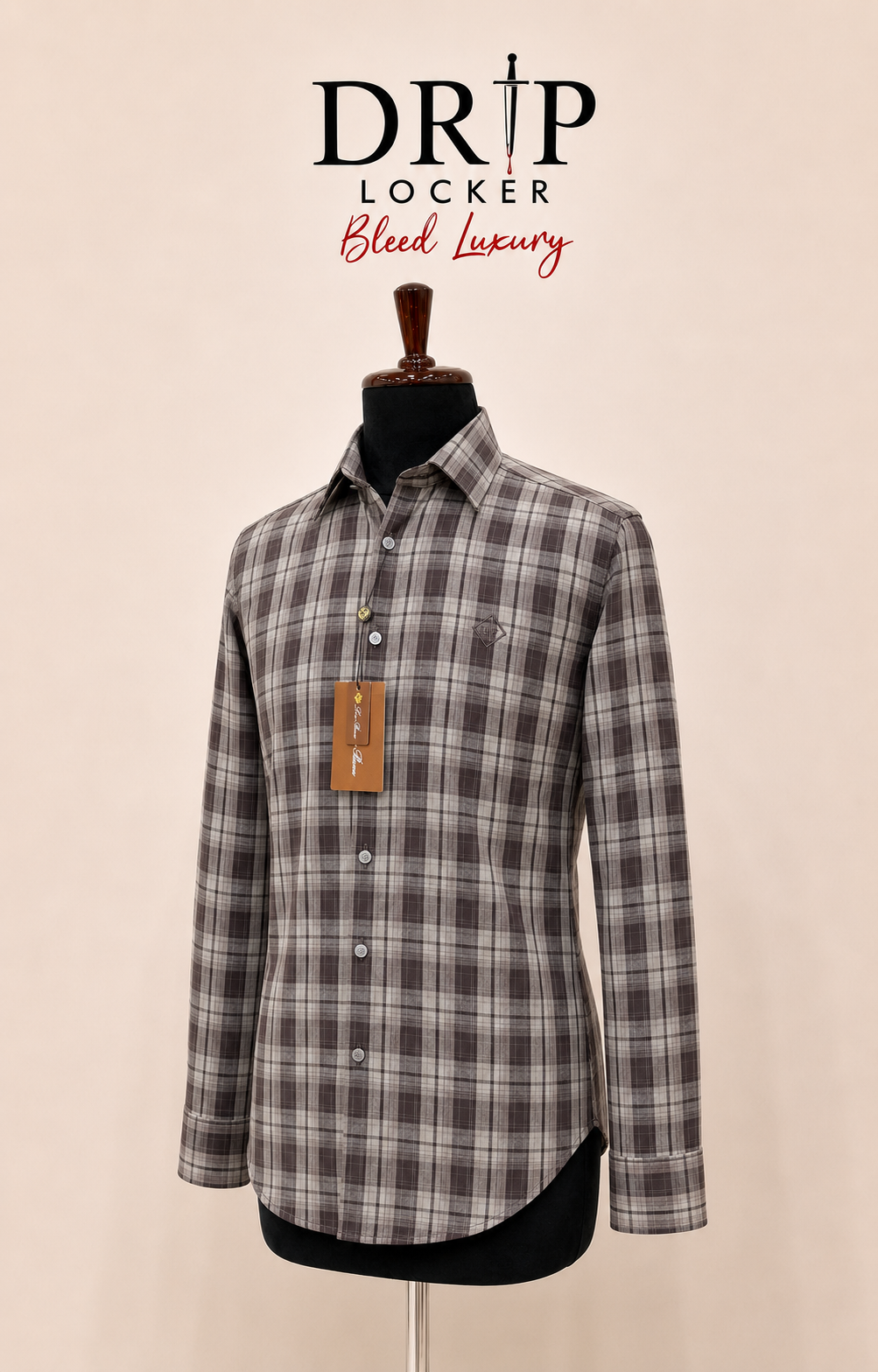 Men’s Brown & Grey Check Shirt - Luxury plaid shirt, three quarter view