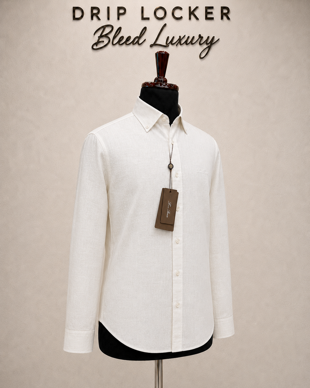 Men’s White Tonal-Linen Shirt - Opposite angle ivory linen shirt display