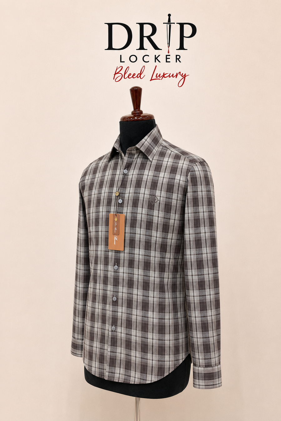 Men’s Brown & Grey Check Shirt - Opposite view luxury plaid shirt display