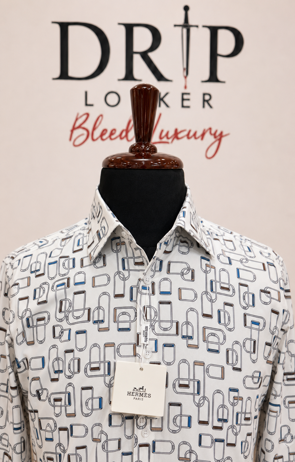 Men’s White Abstract-Print Shirt - Patterned shirt collar craftsmanship close up