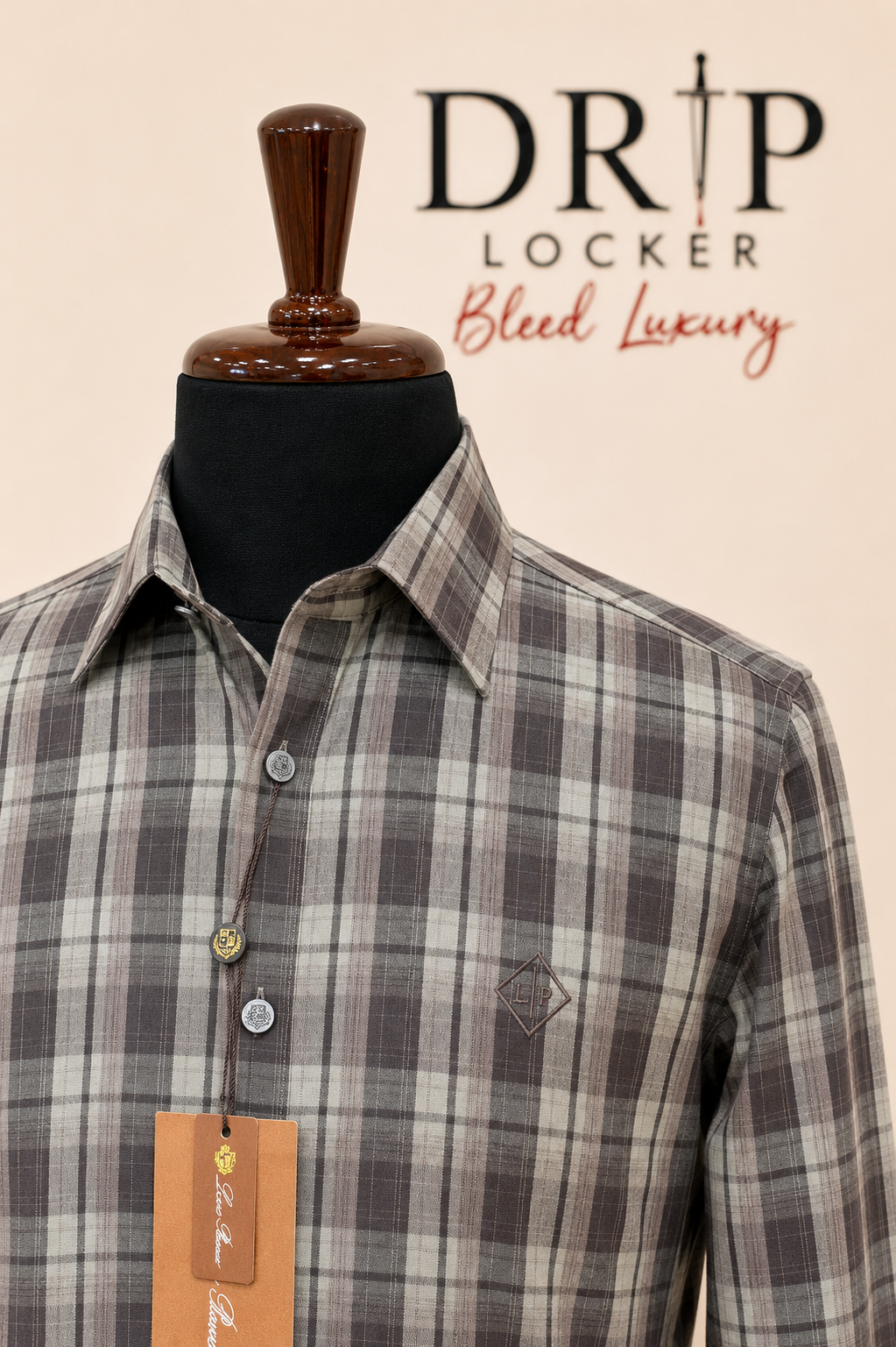 Men’s Brown & Grey Check Shirt - Plaid crest shirt craftsmanship close up