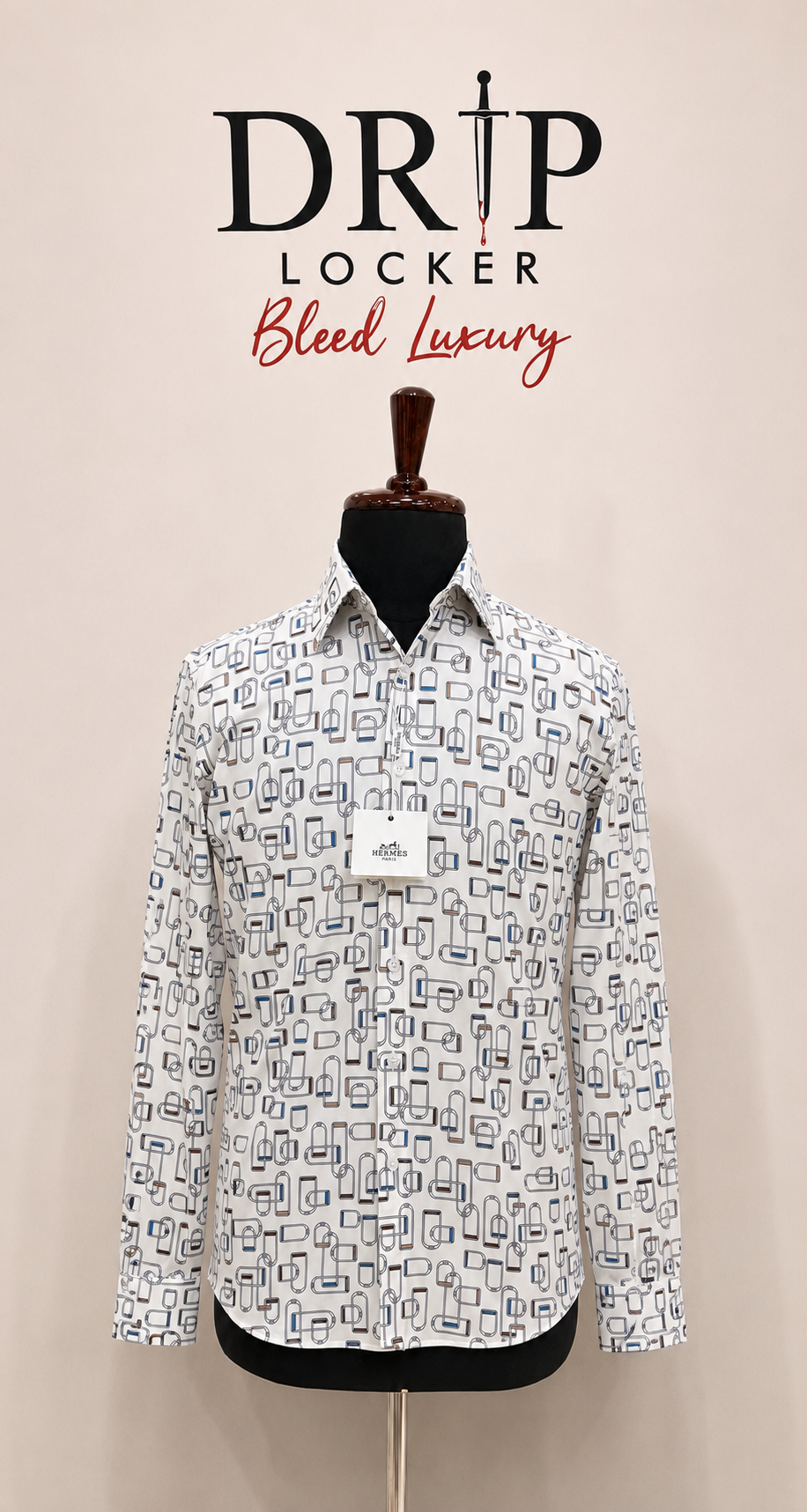 Men’s White Abstract-Print Shirt - Premium geometric shirt on tailored mannequin