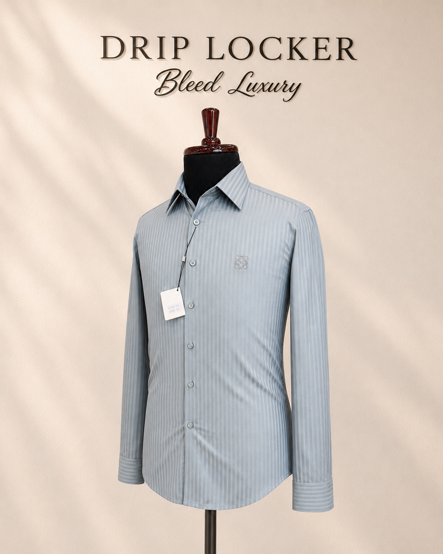 Men’s Blue Tonal-Striped Shirt - Silver blue embroidered shirt in ivory studio