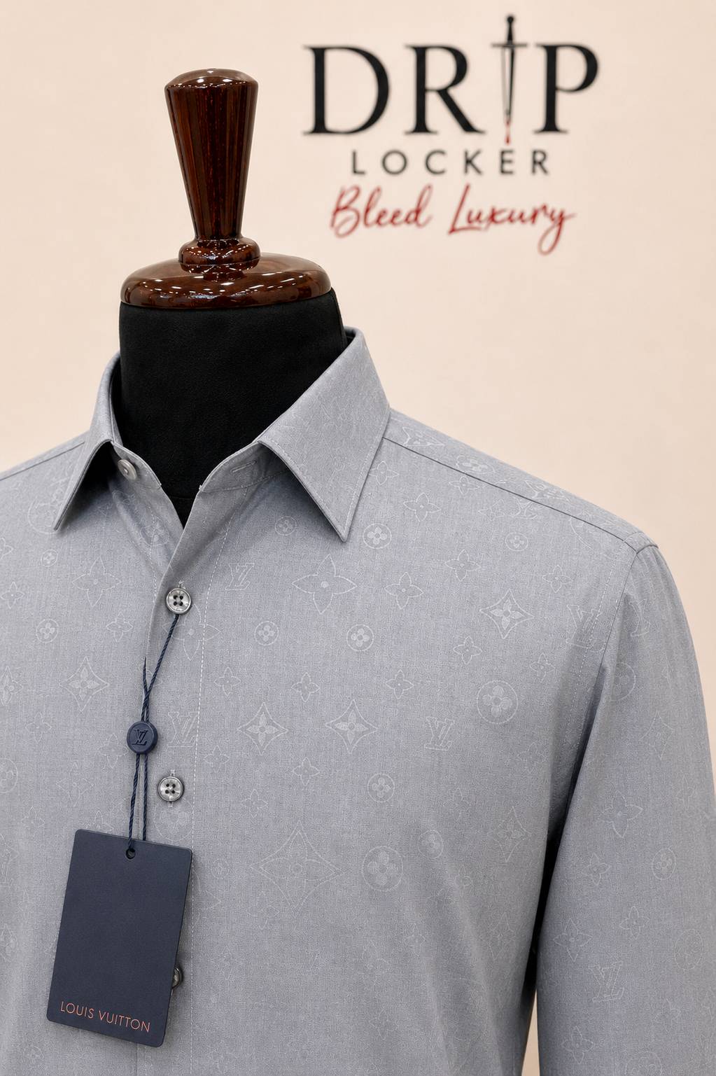 Men’s Grey tonal pattern Shirt - Steel grey monogram collar close up