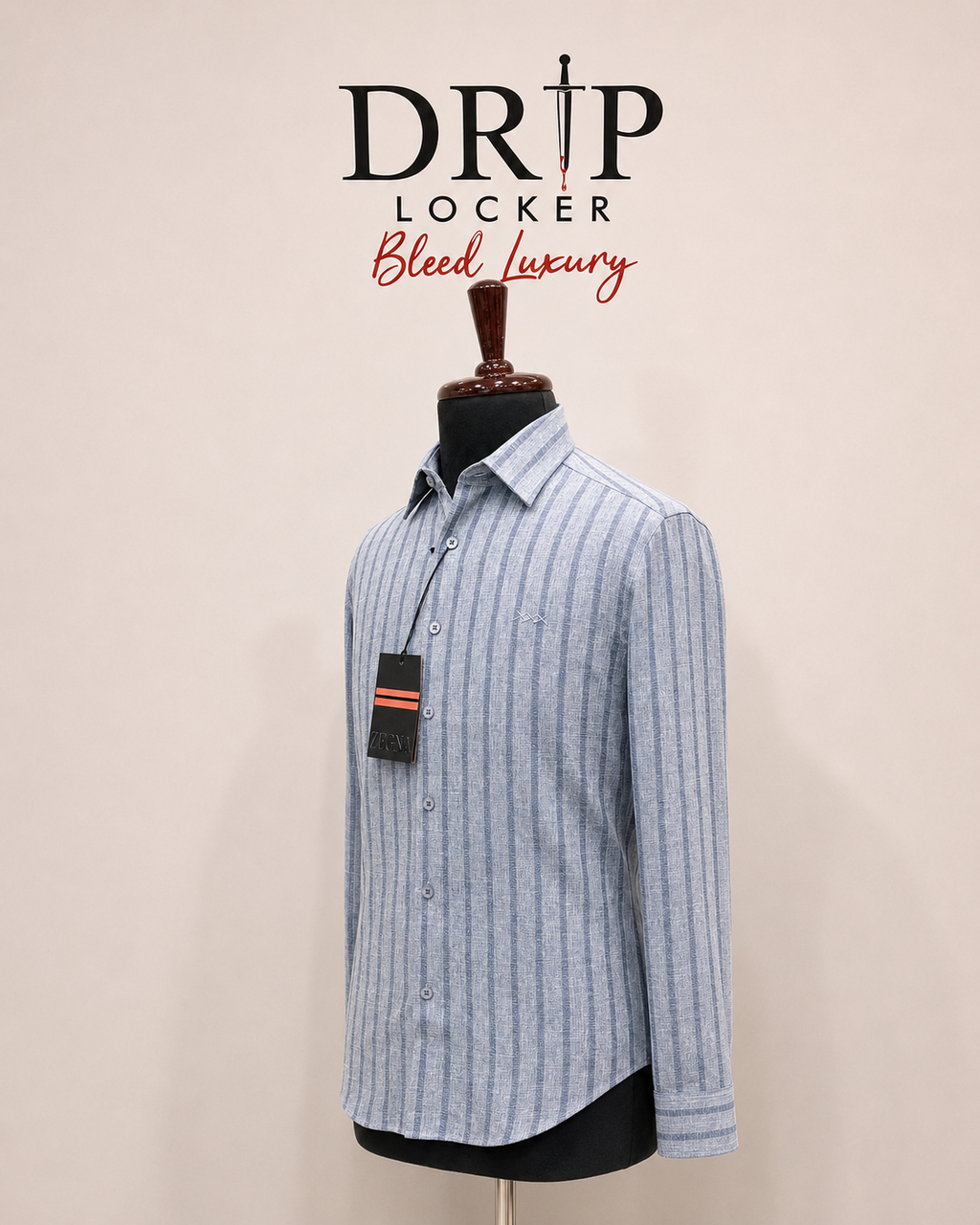 Men’s Blue Textured-Stripe Shirt - Three quarter striped linen shirt display