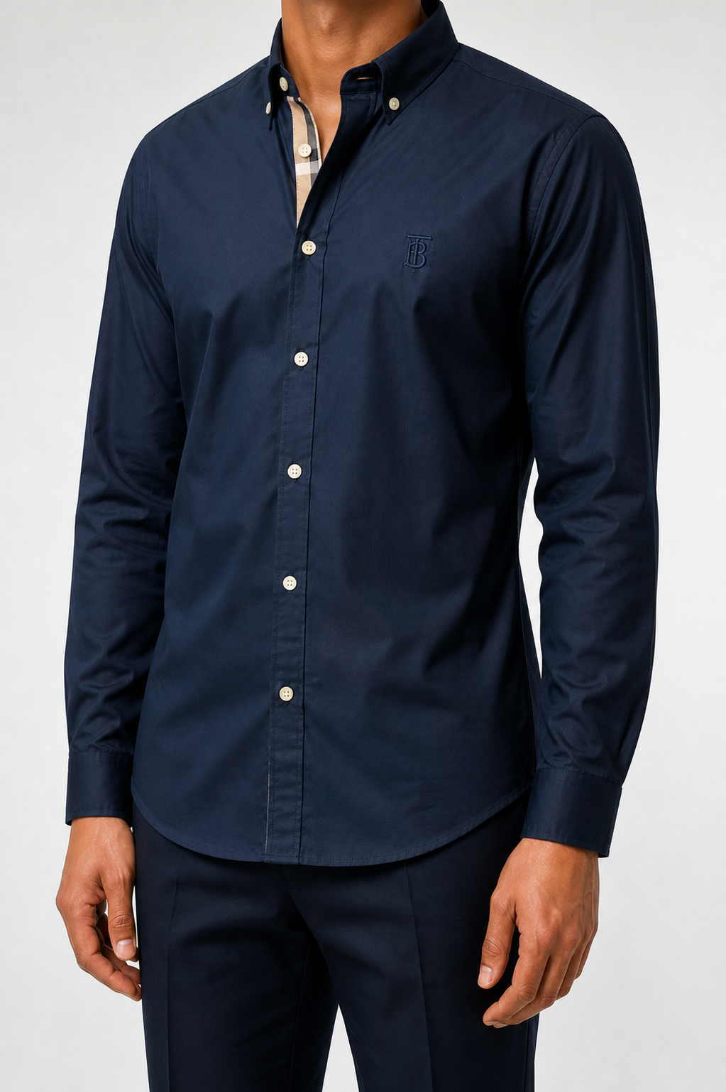 Men’s Navy Check-Detail Shirt - deep navy check trim shirt model left three quarter