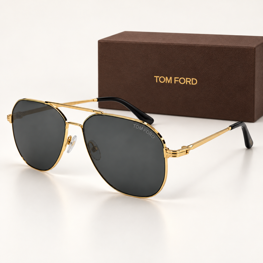 TF — Gold Geometric Aviator Sunglasses — front-left view with brand box