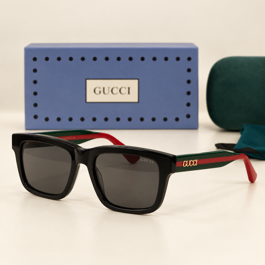 GG — Black Square Red & Green Temple Sunglasses — front-left view with brand box