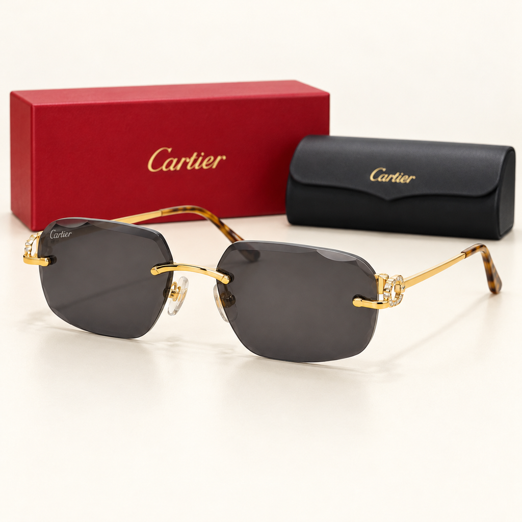 CR — Gold Smoke Geometric Rimless Sunglasses – Model 17 — front-left view with brand box