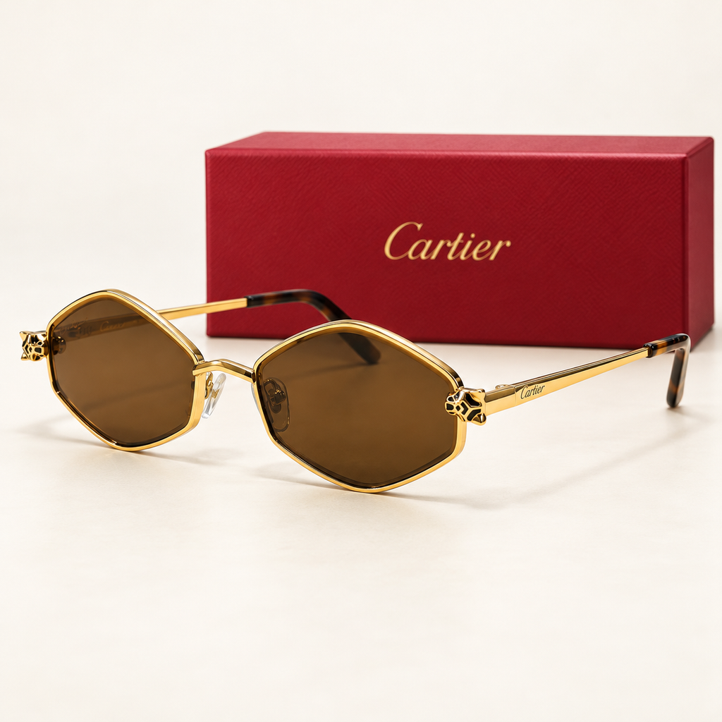 CR — Gold Brown Geometric Sunglasses – Model 19 — front-left view with brand box