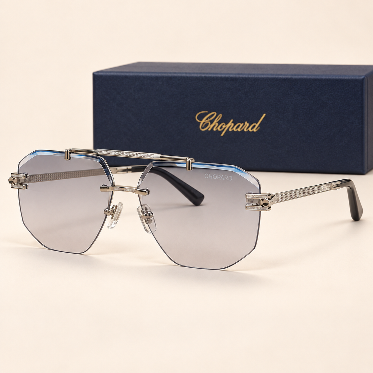 CHPD — Silver Gradient Aviator Sunglasses – Model 4 — front-left view with brand box