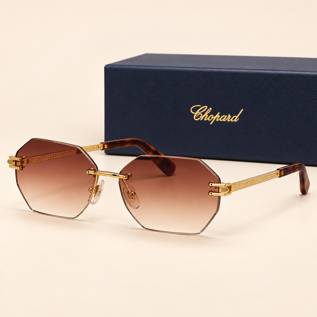 CHPD — Gold Brown Gradient Geometric Sunglasses – Model 5 — front-left view with brand box