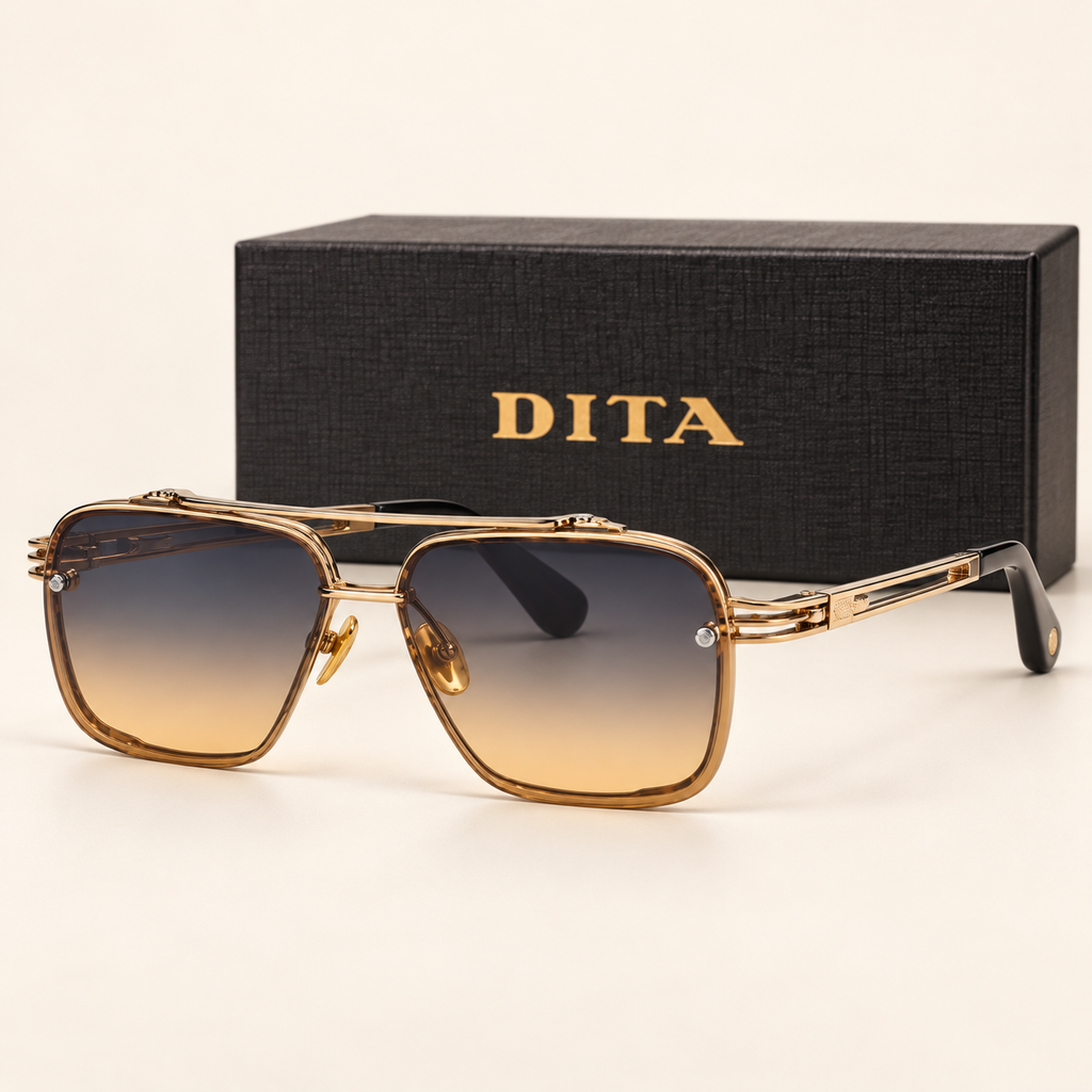 DITA — Gold Smoke Square Sunglasses – Model 1 — front-left view with brand box