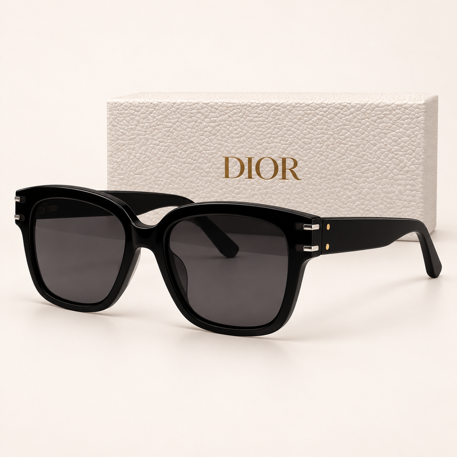 CD — Black Oversized Square Sunglasses – Model 4 — front-left view with brand box