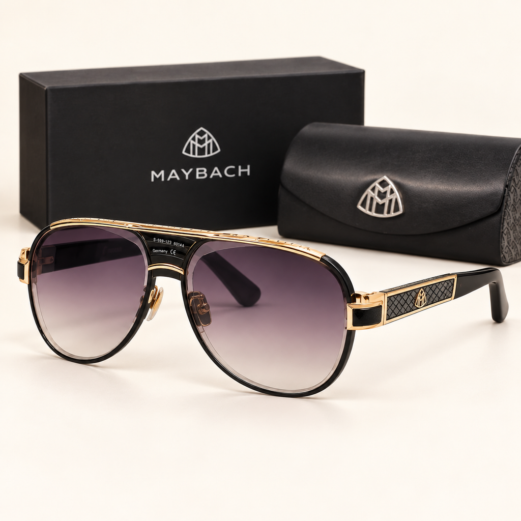 MYB — Gold Gradient Aviator Sunglasses – Model 1 — front-left view with brand box