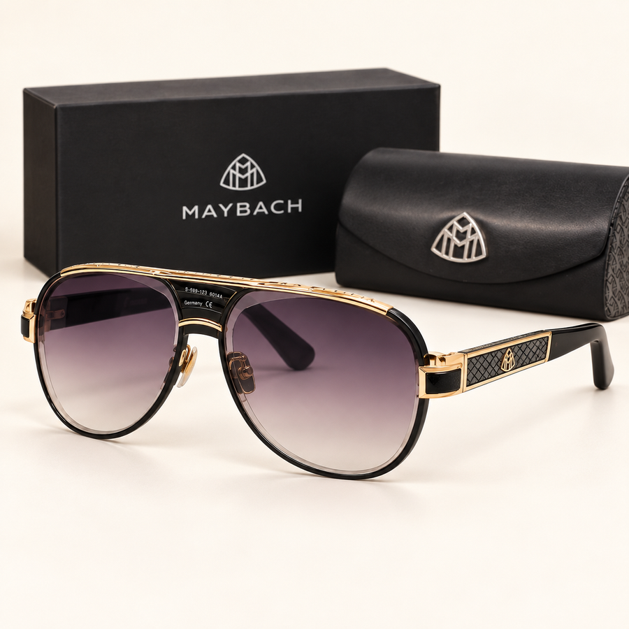 MYB — Gold Gradient Aviator Sunglasses – Model 1 — front-left view with brand box