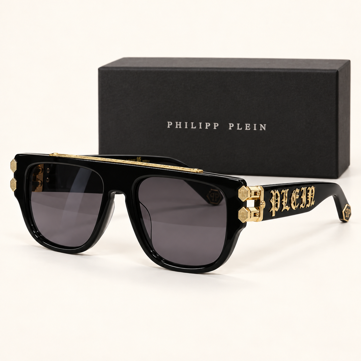 PP — Black Oversized Square Sunglasses – Model 1 — front-left view with brand box