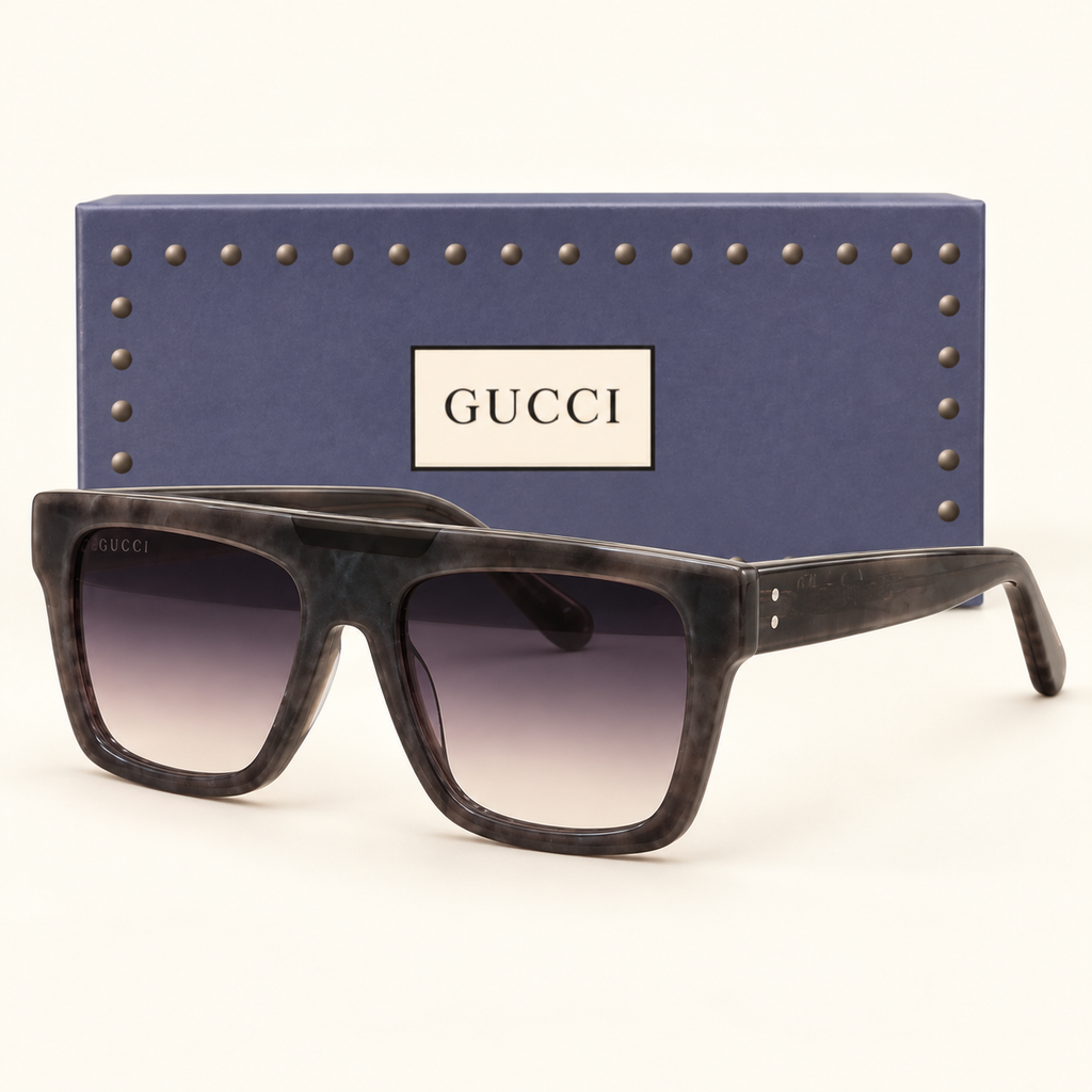 GG — Transparent Grey Gradient Square Sunglasses – Model 6 — front-left view with brand box