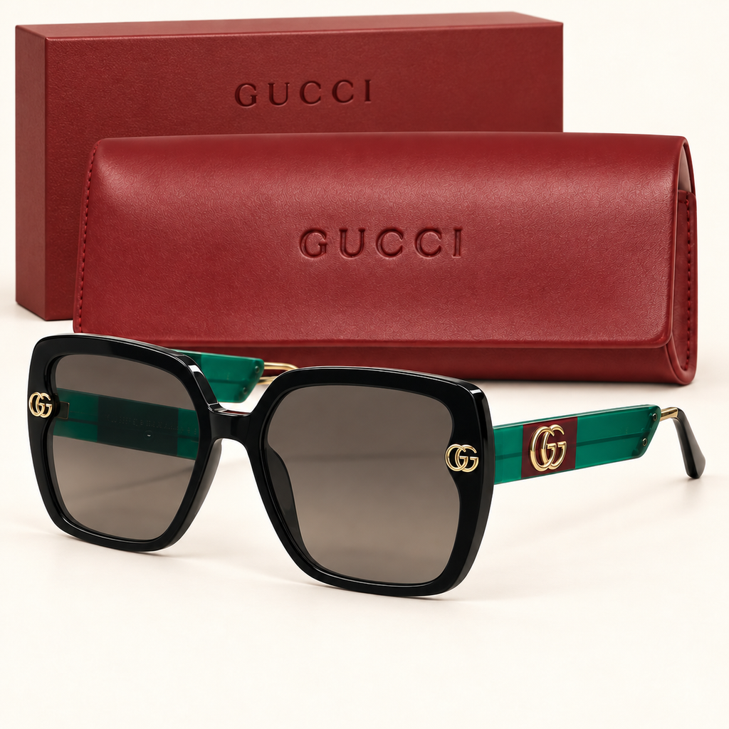 GG — Black Green-Temple Square Sunglasses – Model 7 — front-left view with brand box