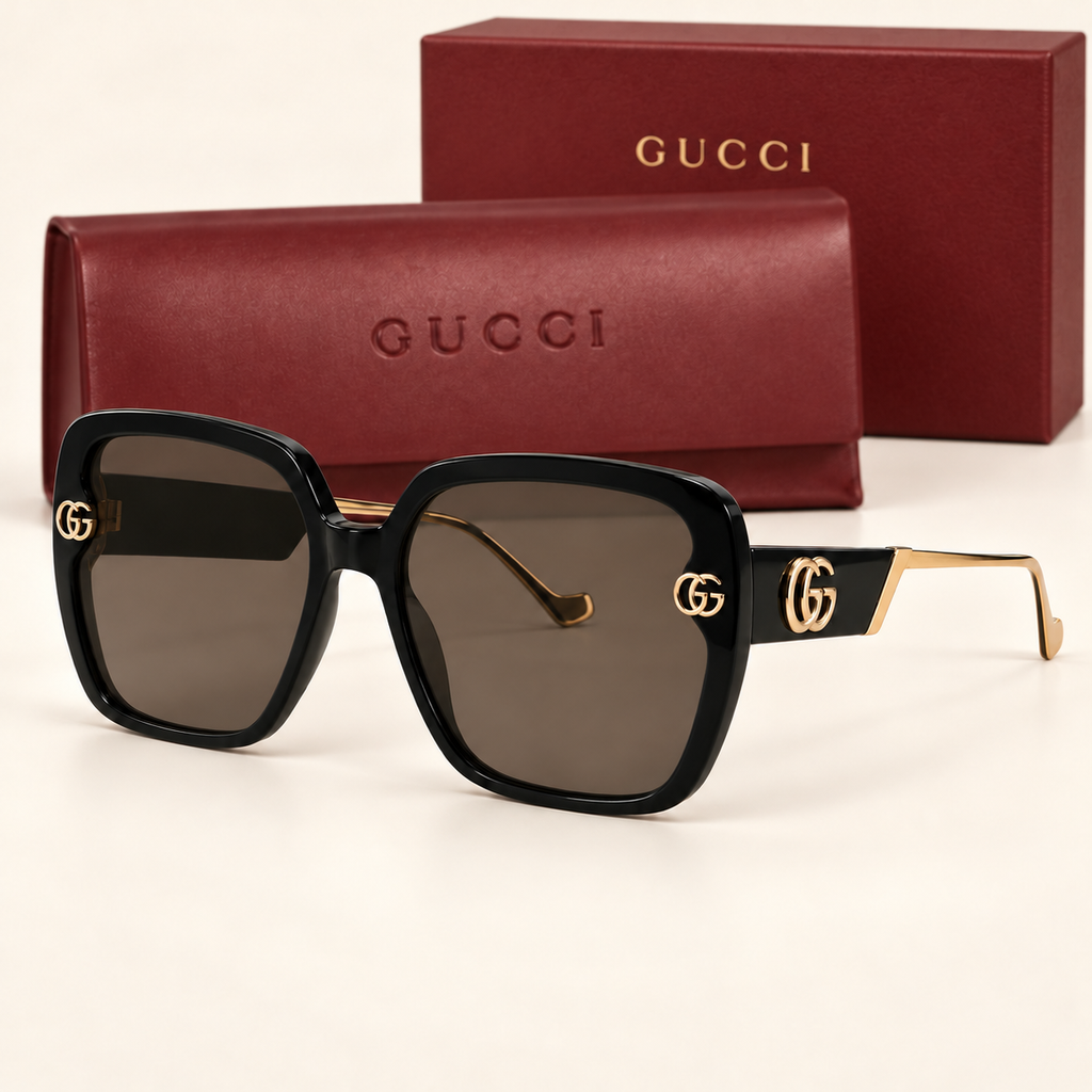 GG — Black Oversized Square Sunglasses – Model 9 — front-left view with brand box