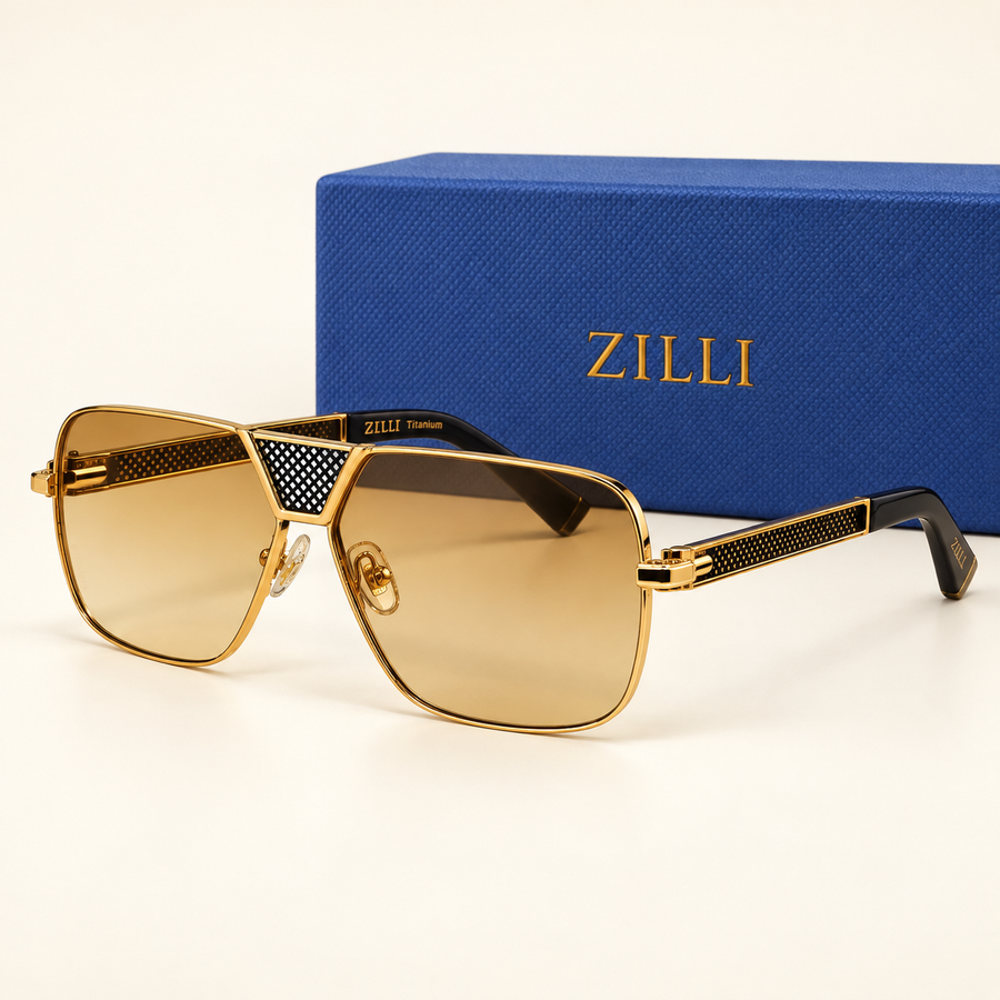 ZL — Gold Gradient Navigator Sunglasses – Model 1 — front-left view with brand box