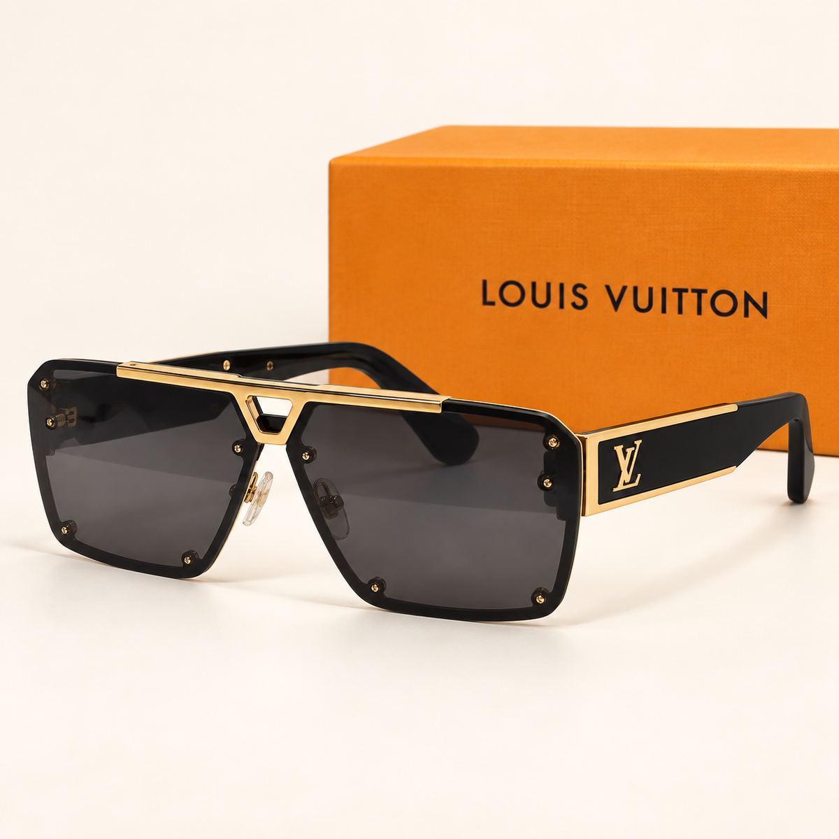 LV — Black Gold Square Sunglasses – Model 5 — front-left view with brand box
