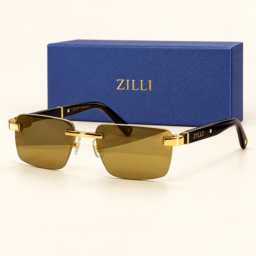 ZL — Gold Brown Rectangular Sunglasses – Model 3 — front-left view with brand box