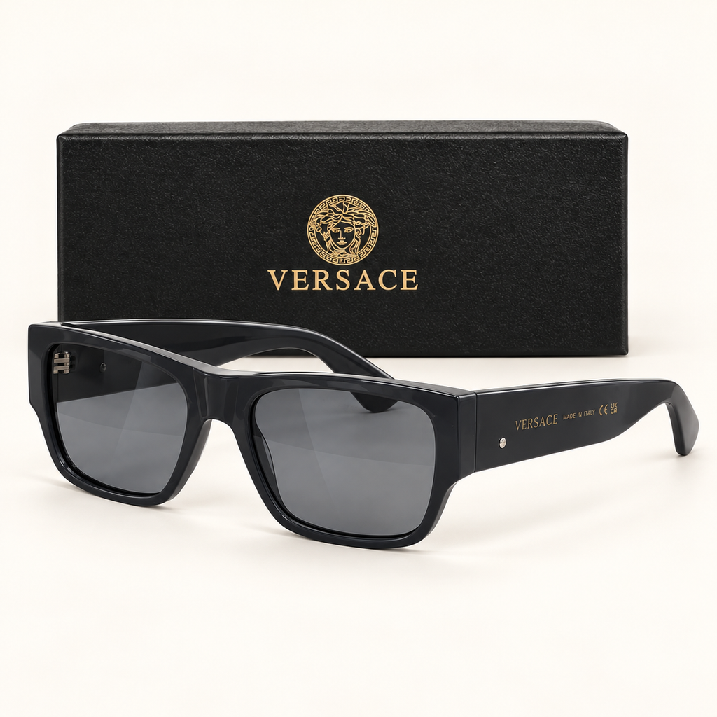 VRSC — Black Rectangular Sunglasses – Model 1 — front-left view with brand box
