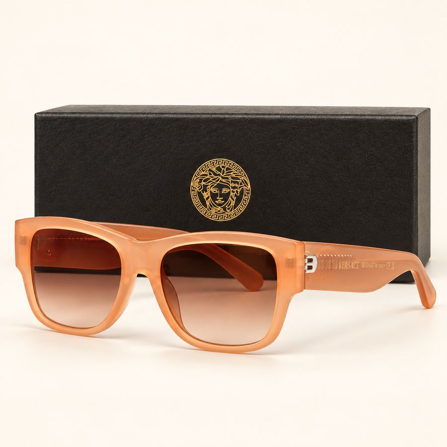 VRSC — Amber Rectangular Sunglasses – Model 2 — front-left view with brand box
