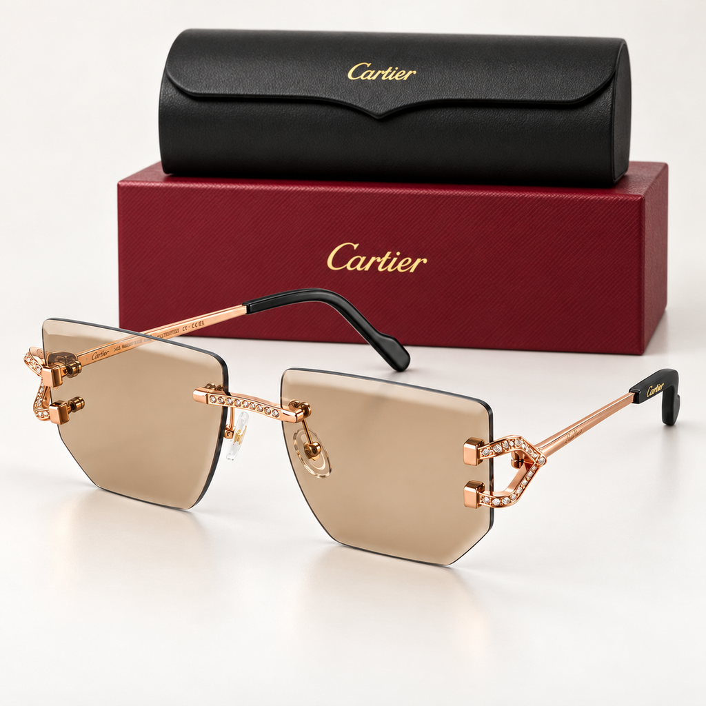 CR Crystal C Rose-Gold Rimless Sunglasses — front-left view with brand box