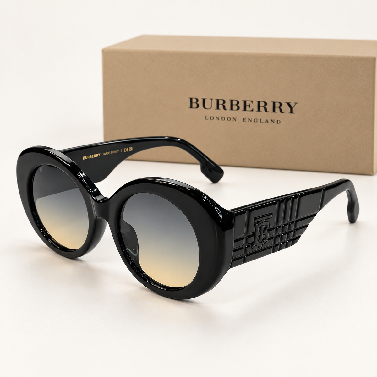 BRBRY — BB Black Gradient Round Sunglasses — front-left view with brand box