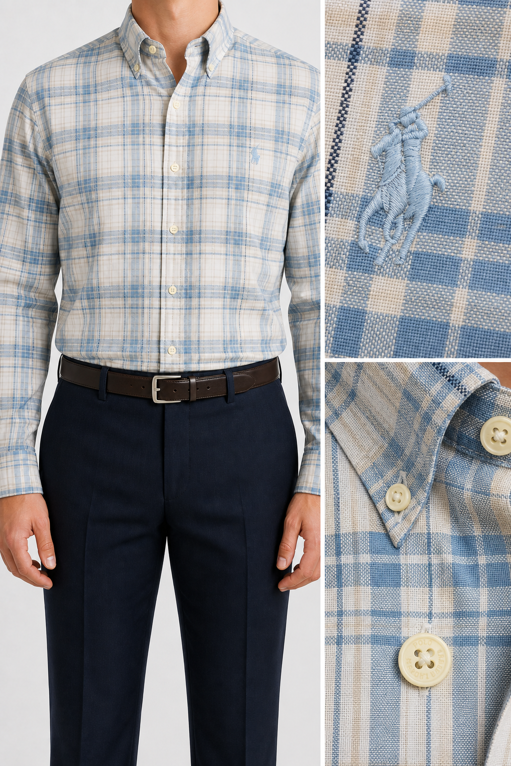 RL — Men’s Cream and Blue Plaid Shirt — additional product detail view