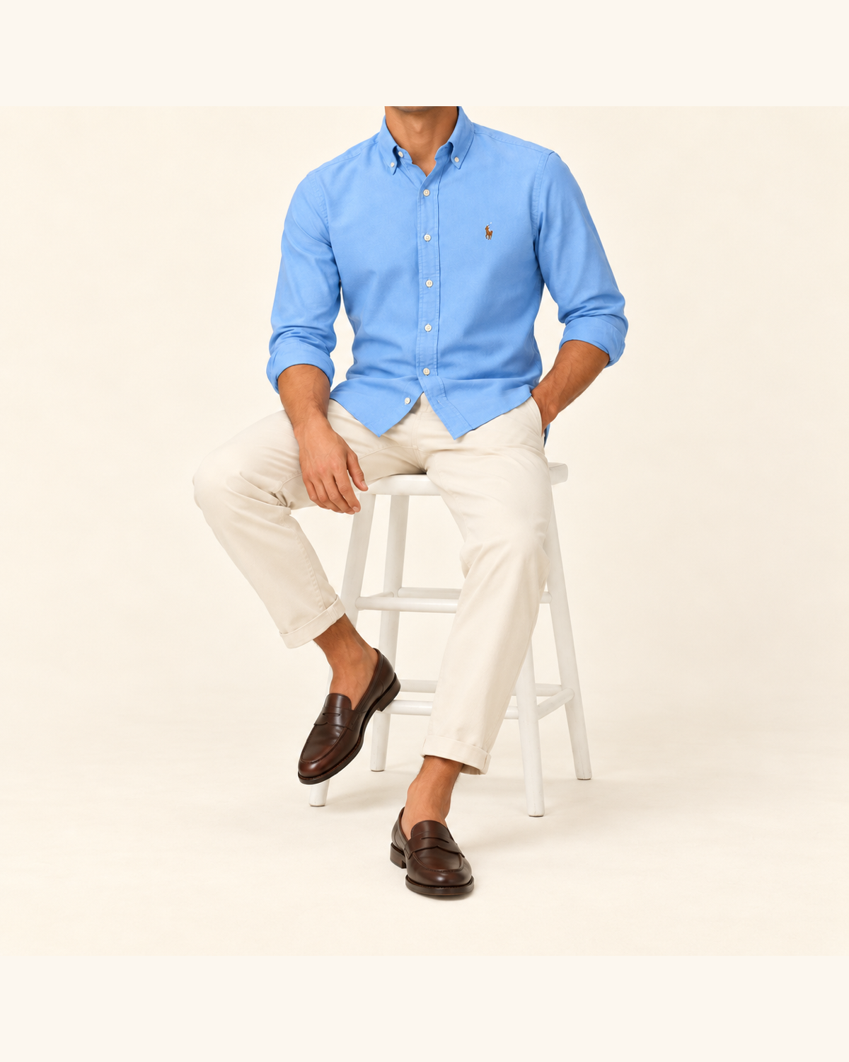 RL — Sky Blue Button-Down Shirt — seated full body
