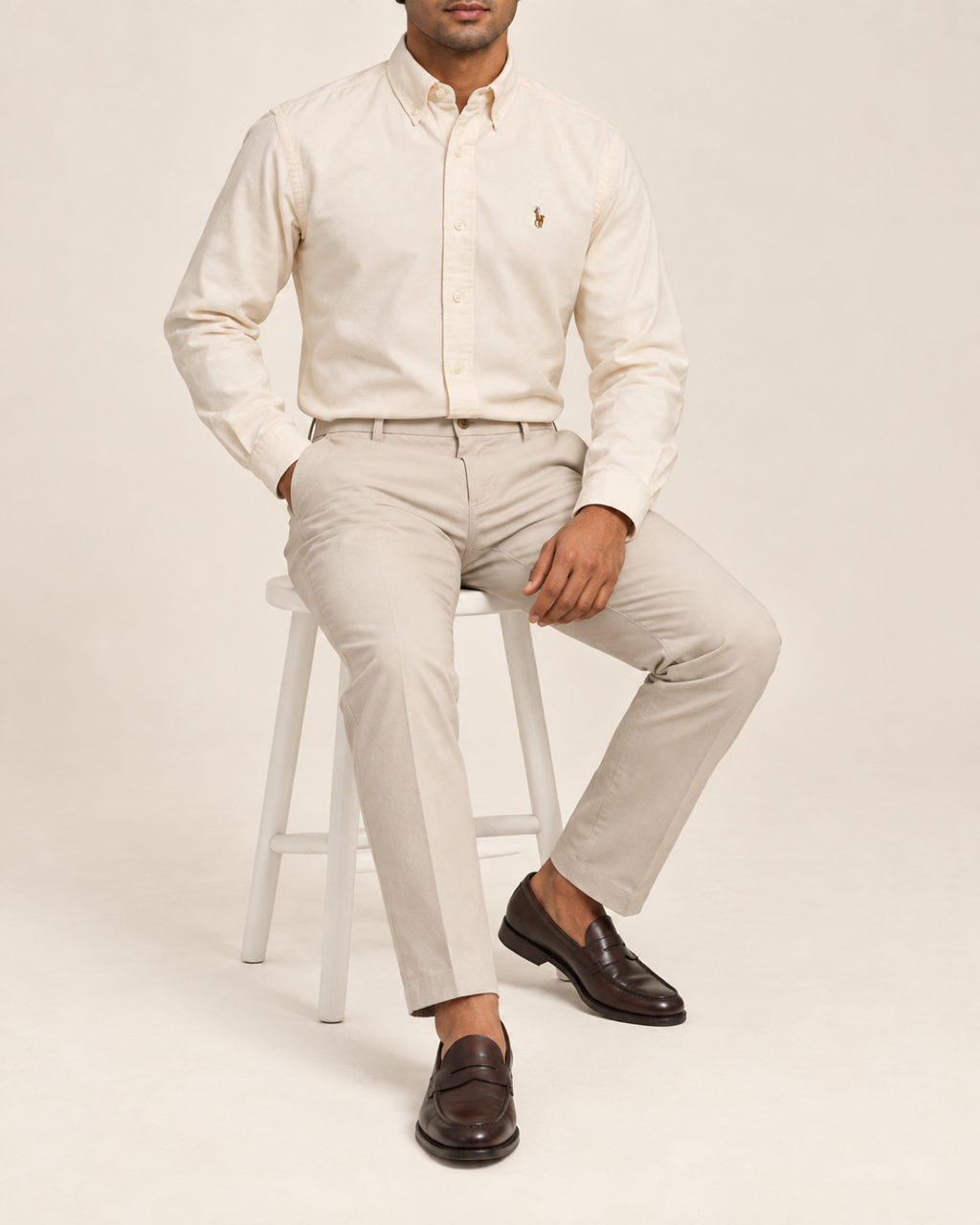 RL — Ivory Cream Button-Down Shirt — seated full body