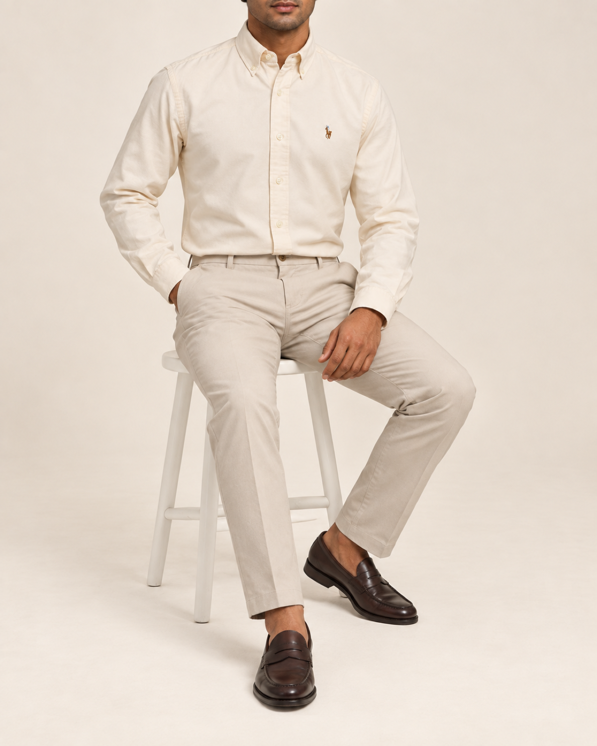 RL — Ivory Cream Button-Down Shirt — seated full body