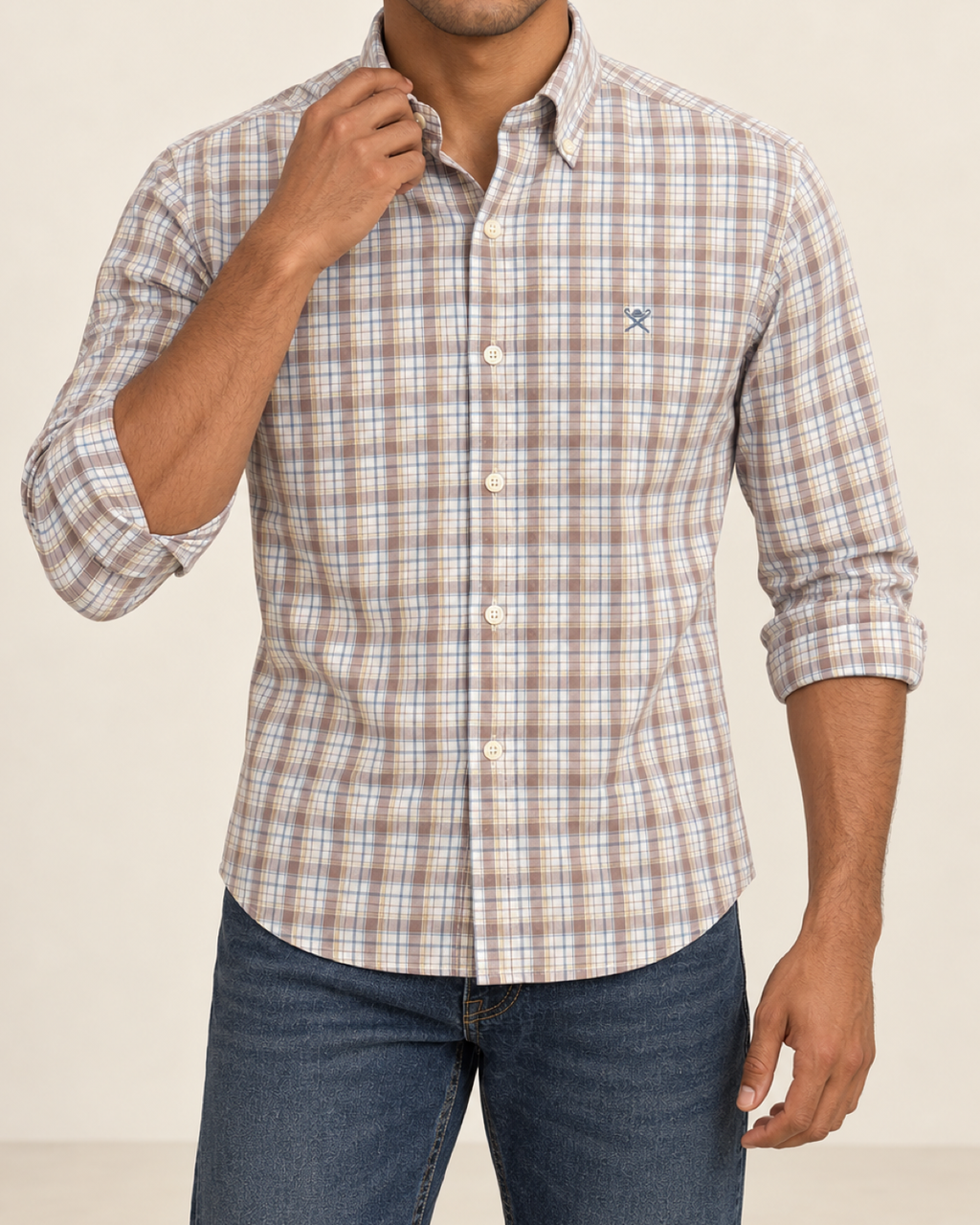 HKTT — Ivory Taupe Plaid Button-Down Shirt — front styling