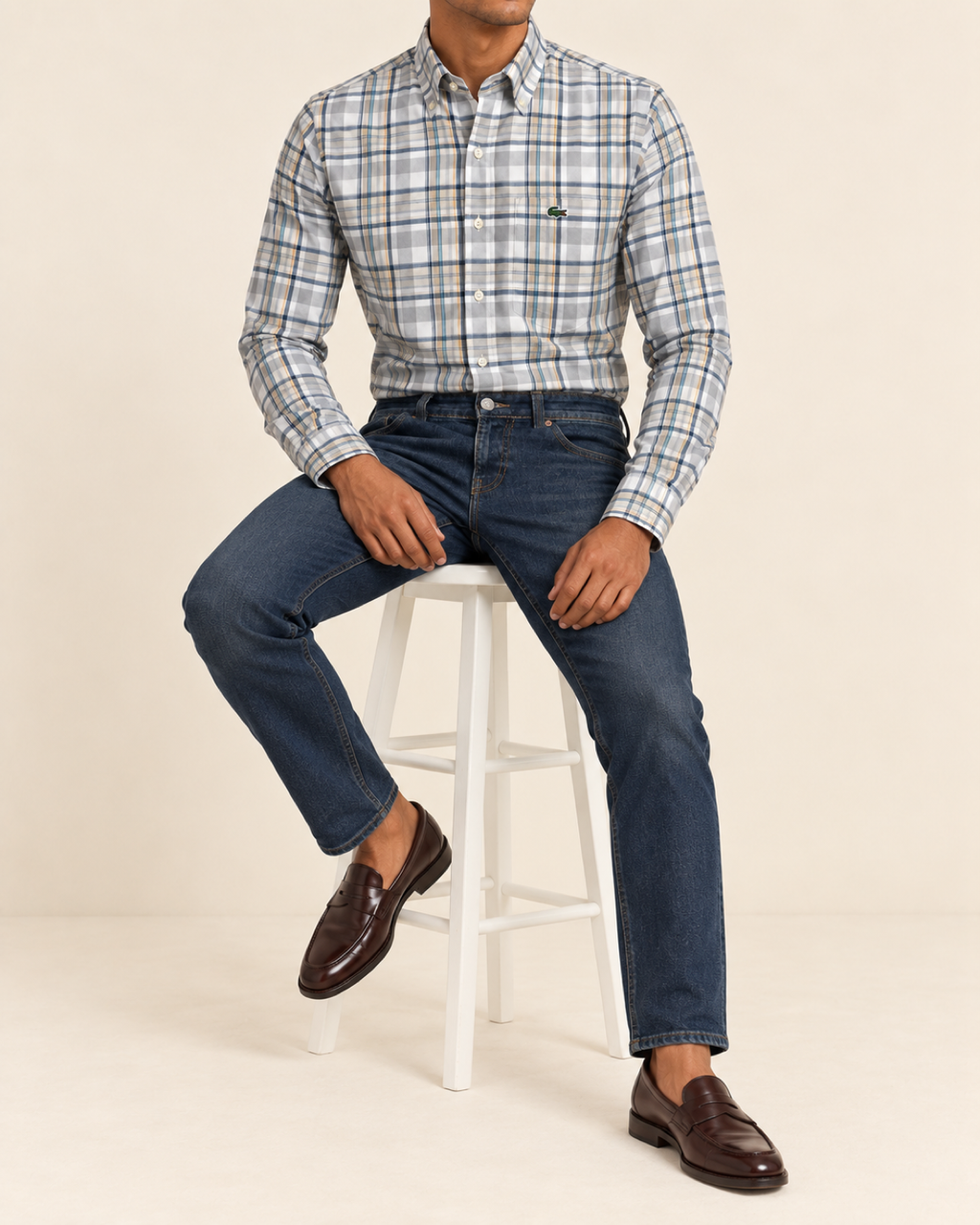 LCST — Light Grey & Blue Plaid Button-Down Shirt — seated full body